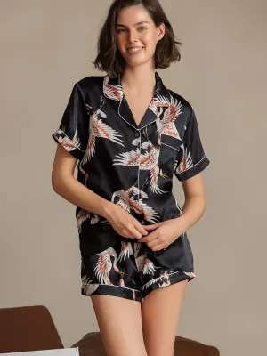 19Momme Dames Zijde Crane Print Korte Mouw Pyjama Set