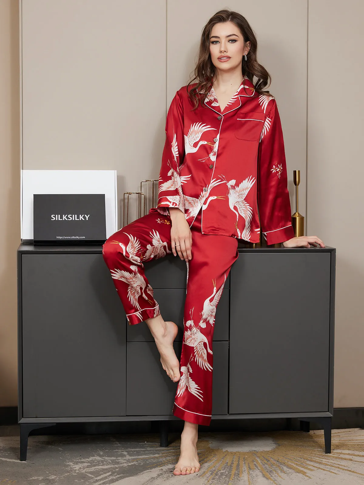 19Momme Dames Zijde Crane Print Lange Pyjama Set