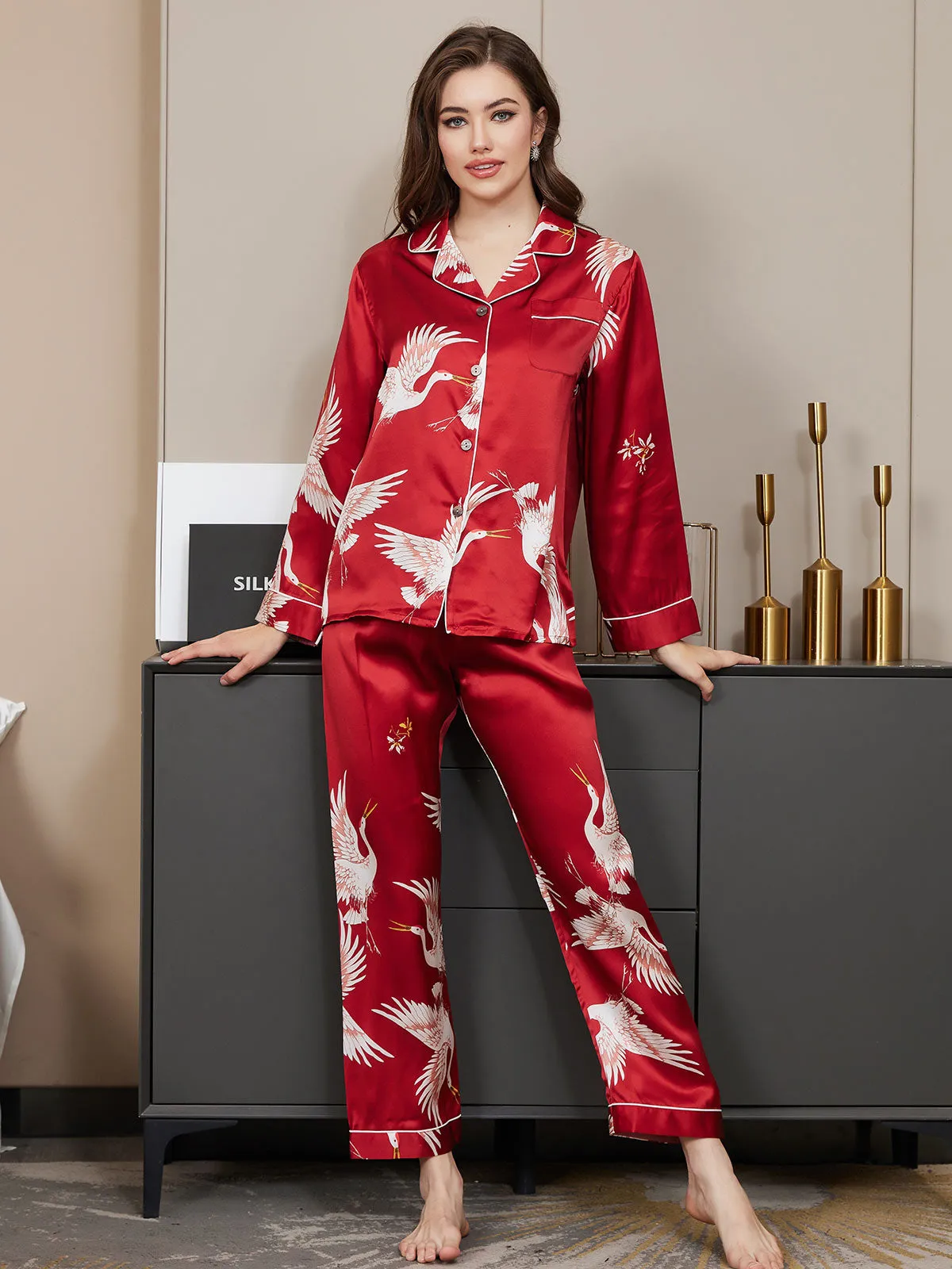 19Momme Dames Zijde Crane Print Lange Pyjama Set