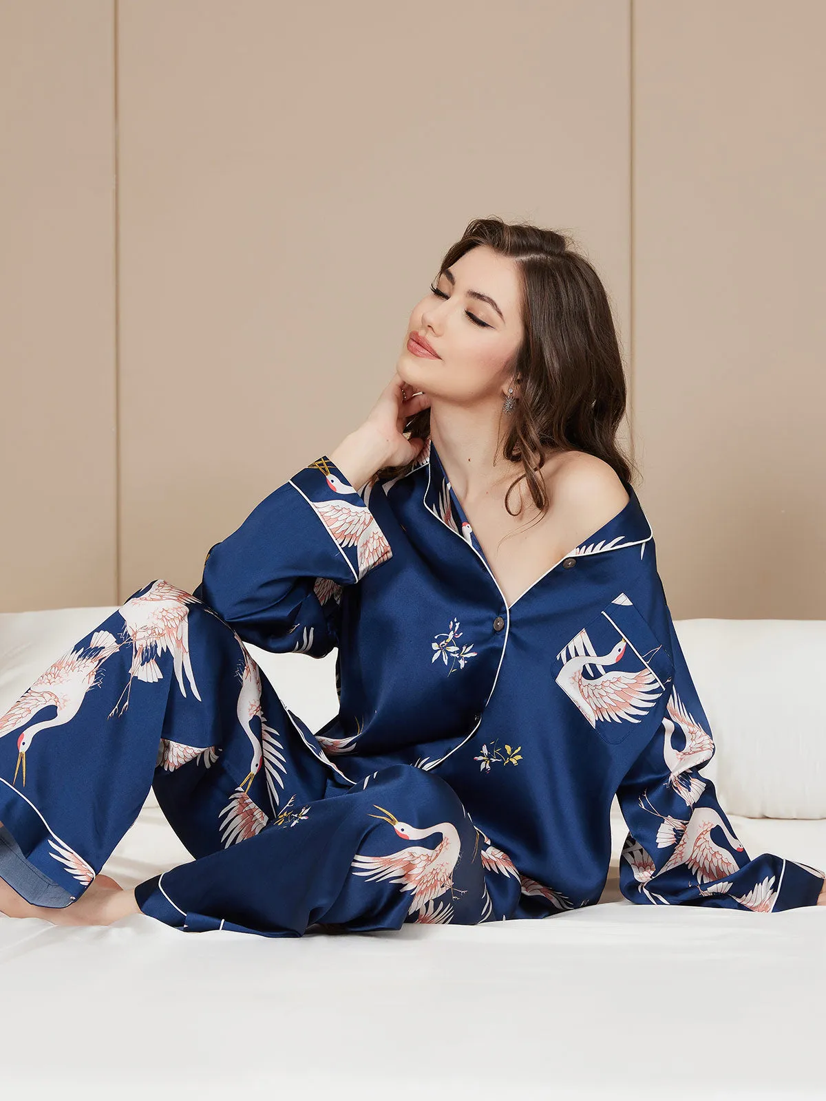 19Momme Dames Zijde Crane Print Lange Pyjama Set