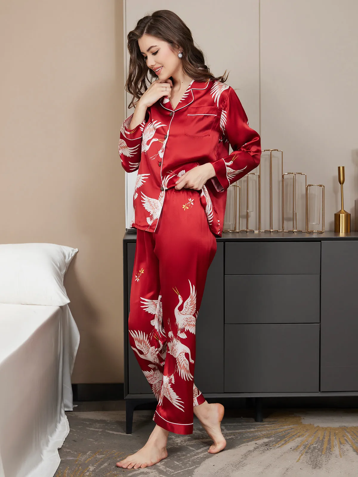 19Momme Dames Zijde Crane Print Lange Pyjama Set