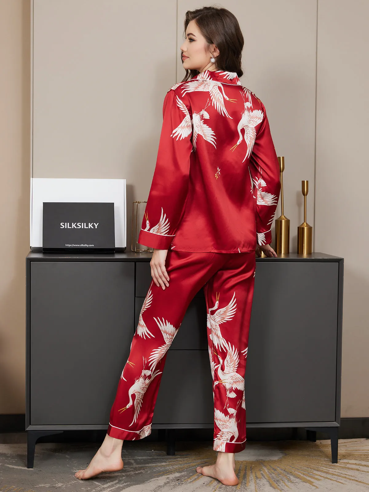 19Momme Dames Zijde Crane Print Lange Pyjama Set