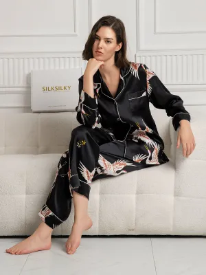 19Momme Dames Zijde Crane Print Lange Pyjama Set