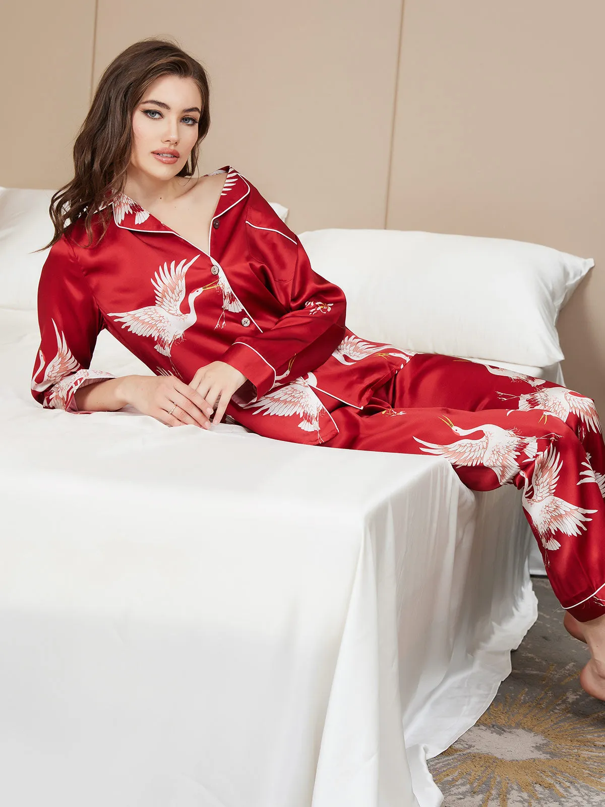 19Momme Dames Zijde Crane Print Lange Pyjama Set
