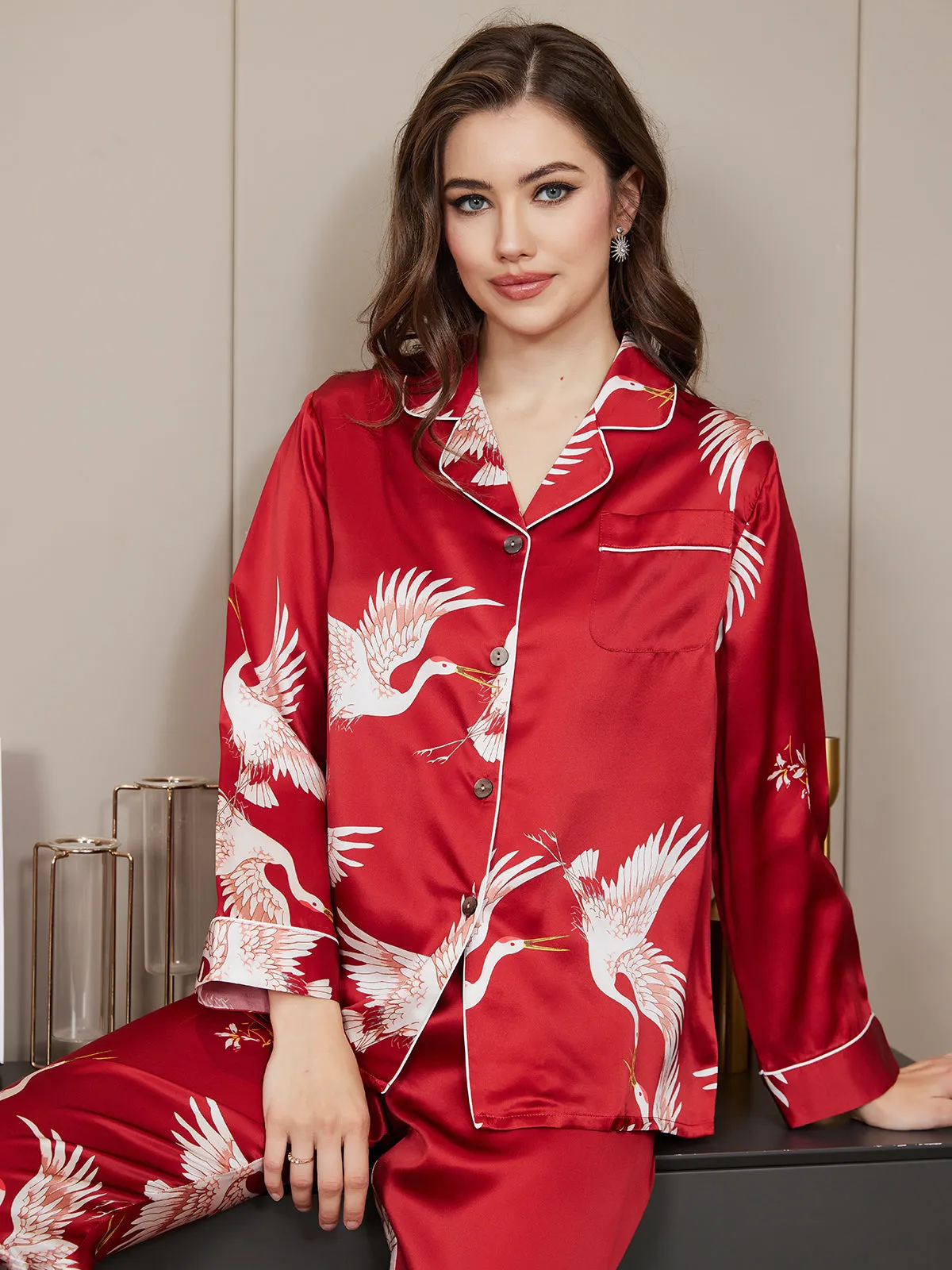 19Momme Dames Zijde Crane Print Lange Pyjama Set