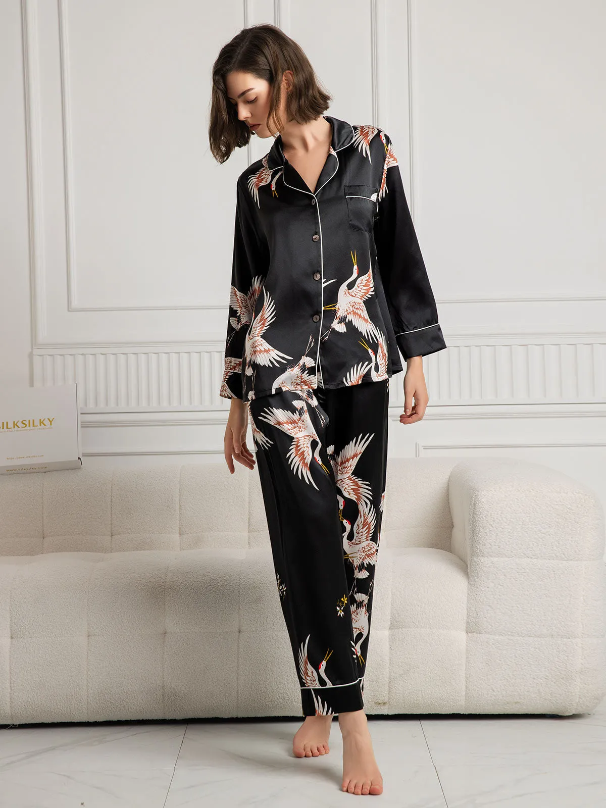 19Momme Dames Zijde Crane Print Lange Pyjama Set