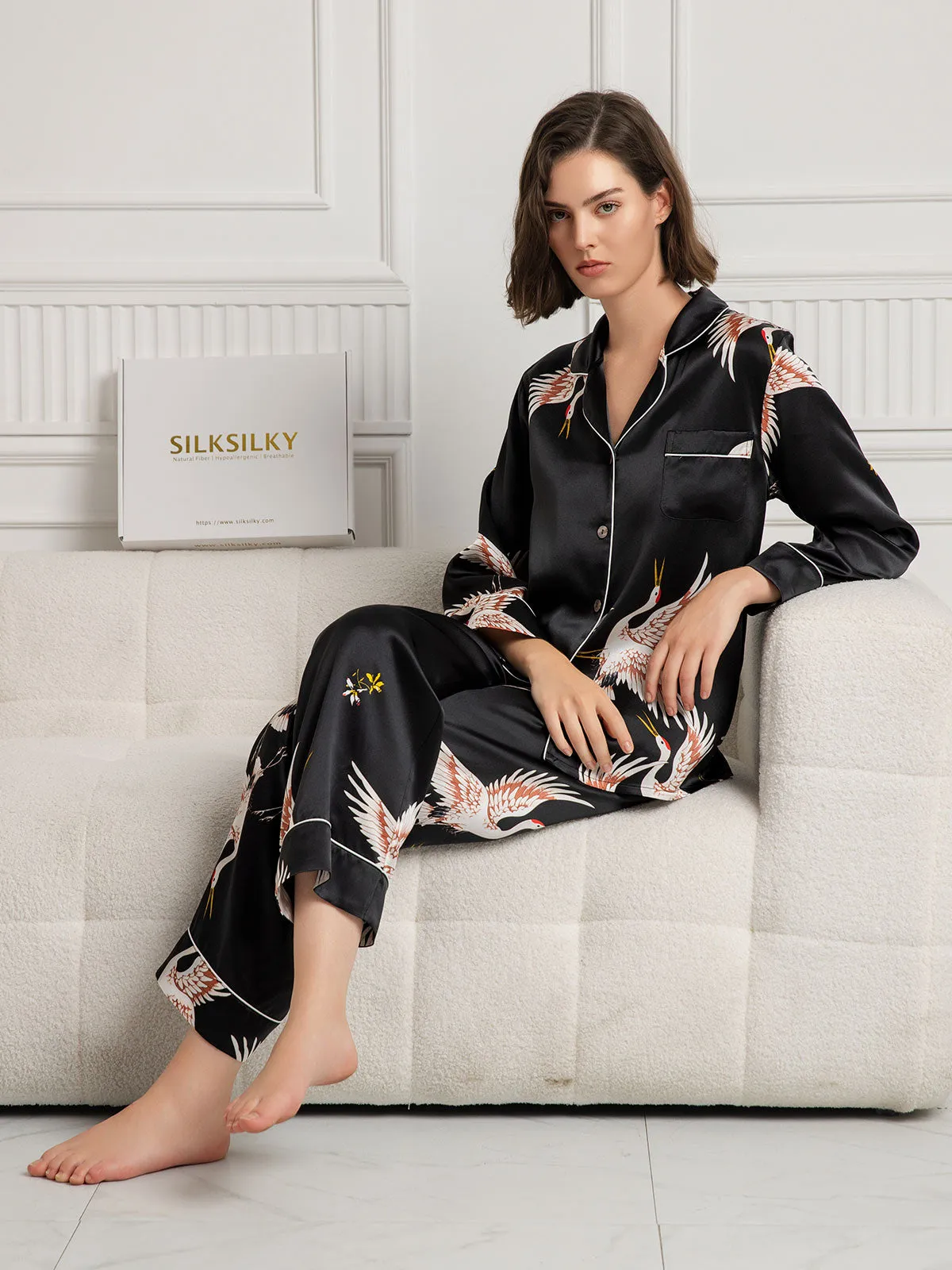 19Momme Dames Zijde Crane Print Lange Pyjama Set