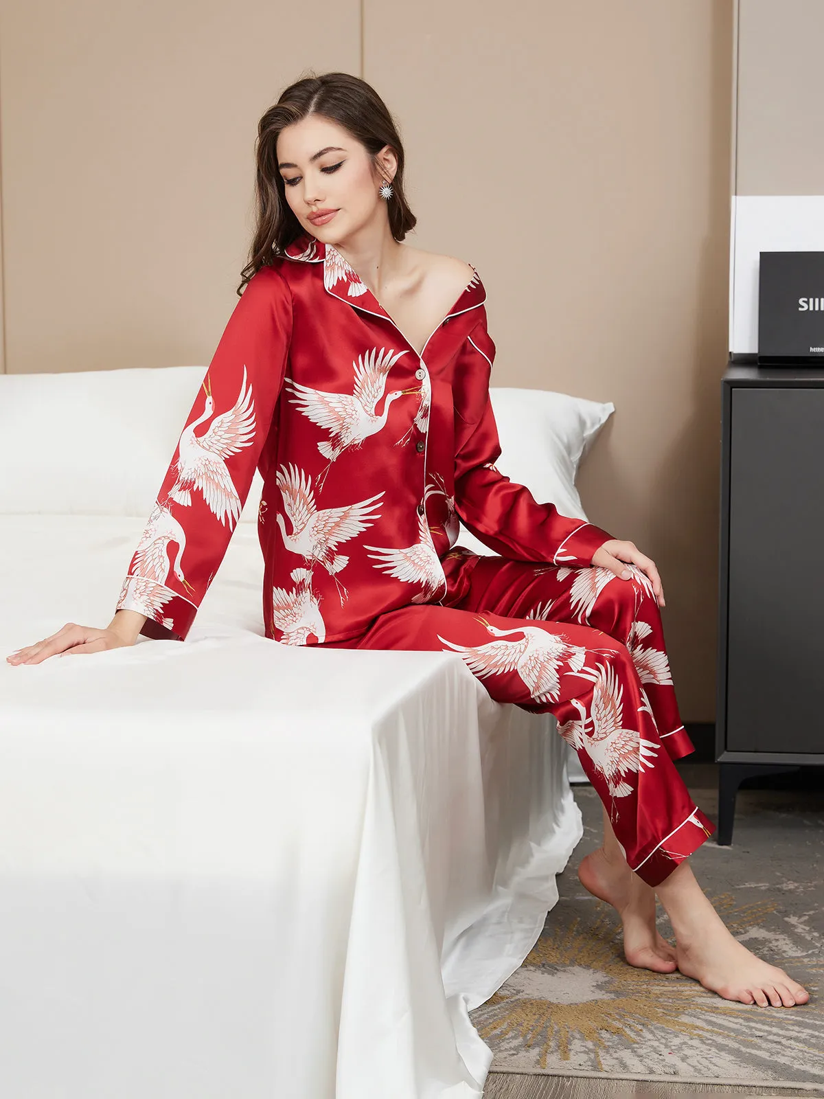 19Momme Dames Zijde Crane Print Lange Pyjama Set