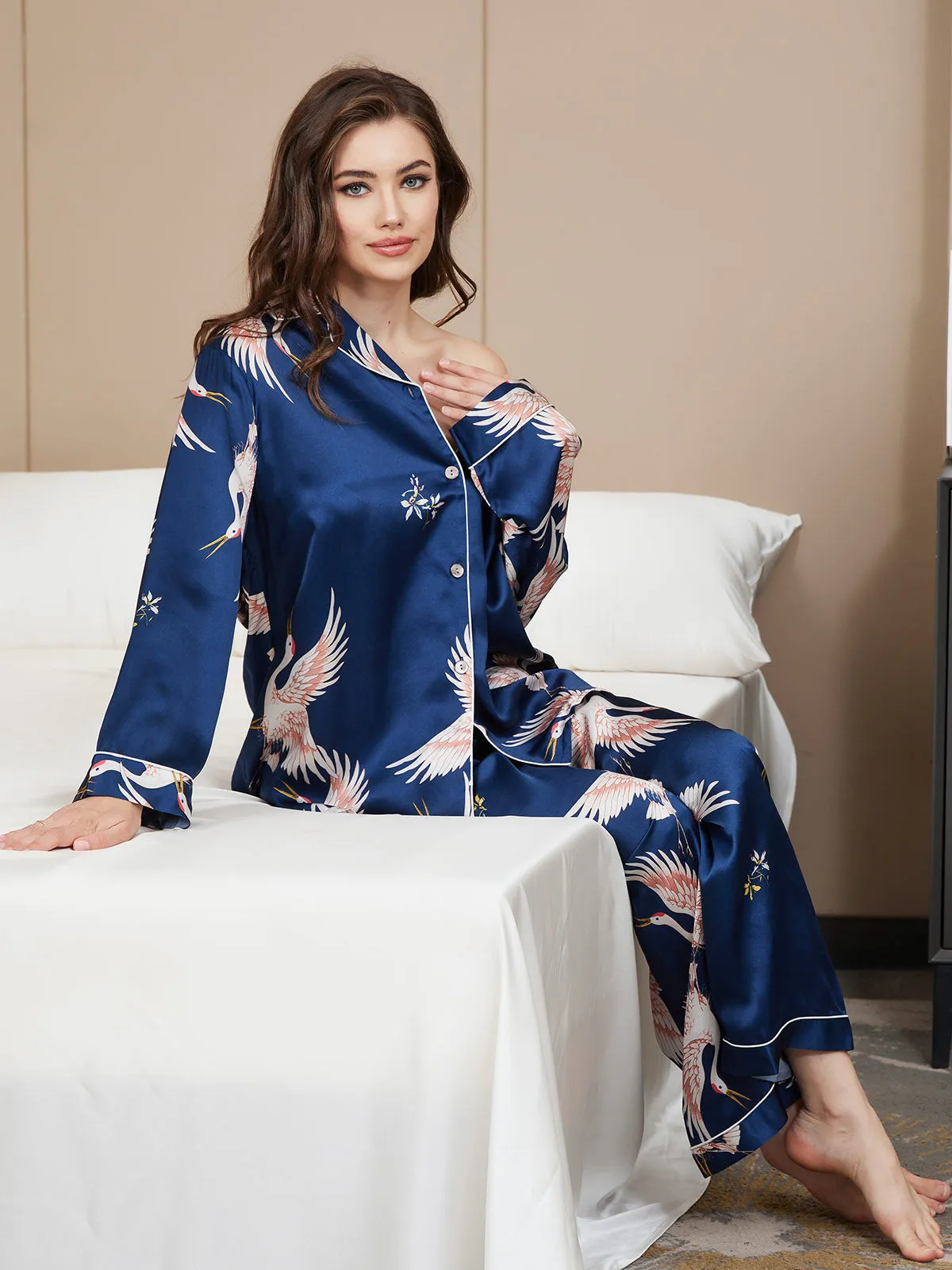 19Momme Dames Zijde Crane Print Lange Pyjama Set