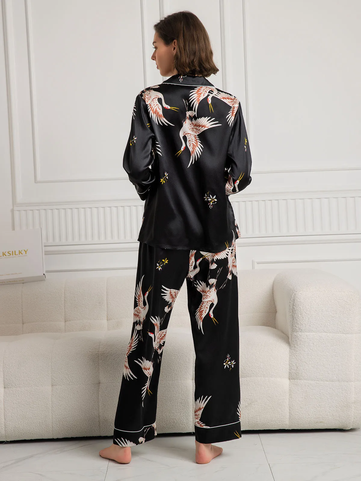 19Momme Dames Zijde Crane Print Lange Pyjama Set