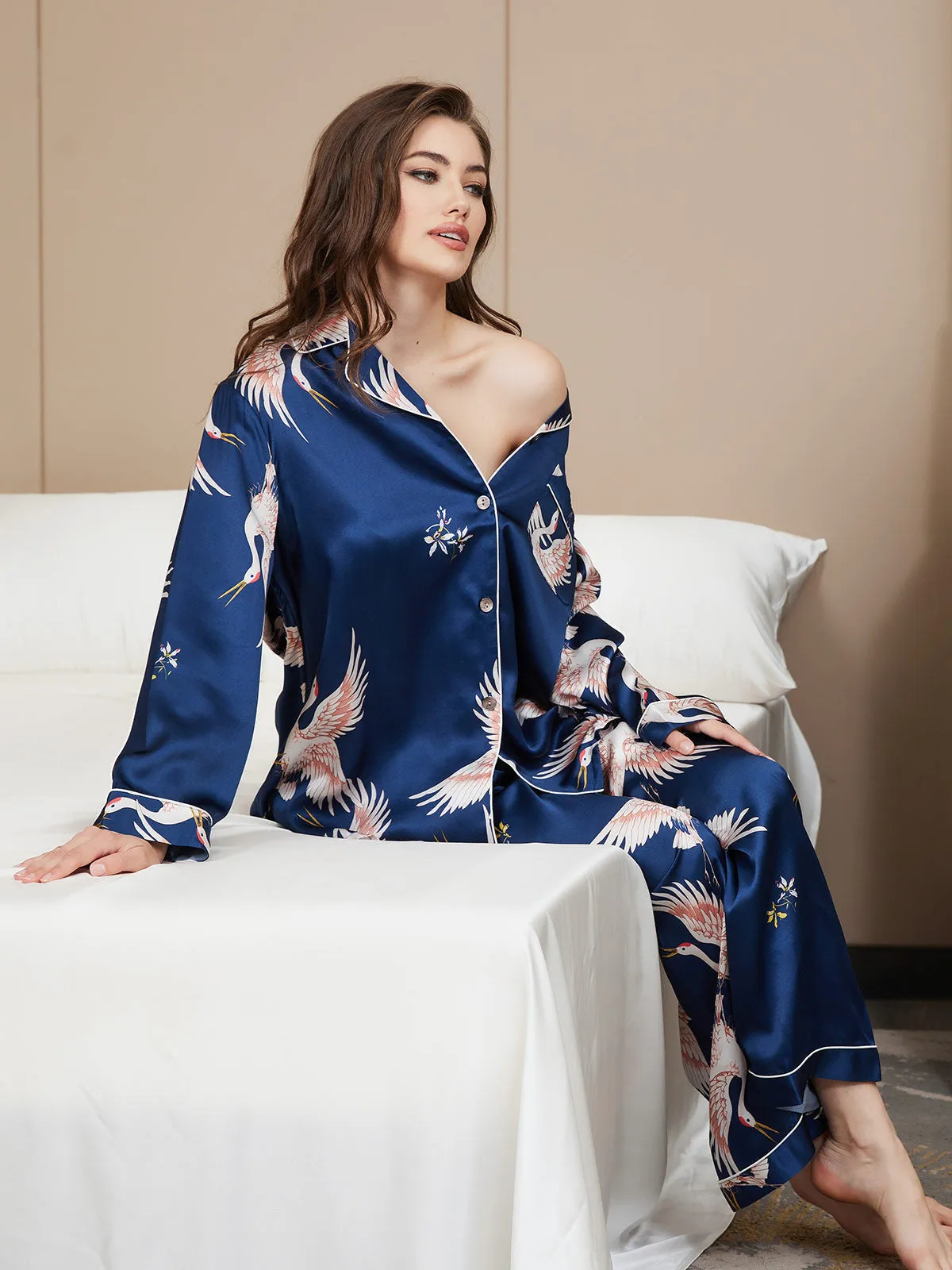 19Momme Dames Zijde Crane Print Lange Pyjama Set