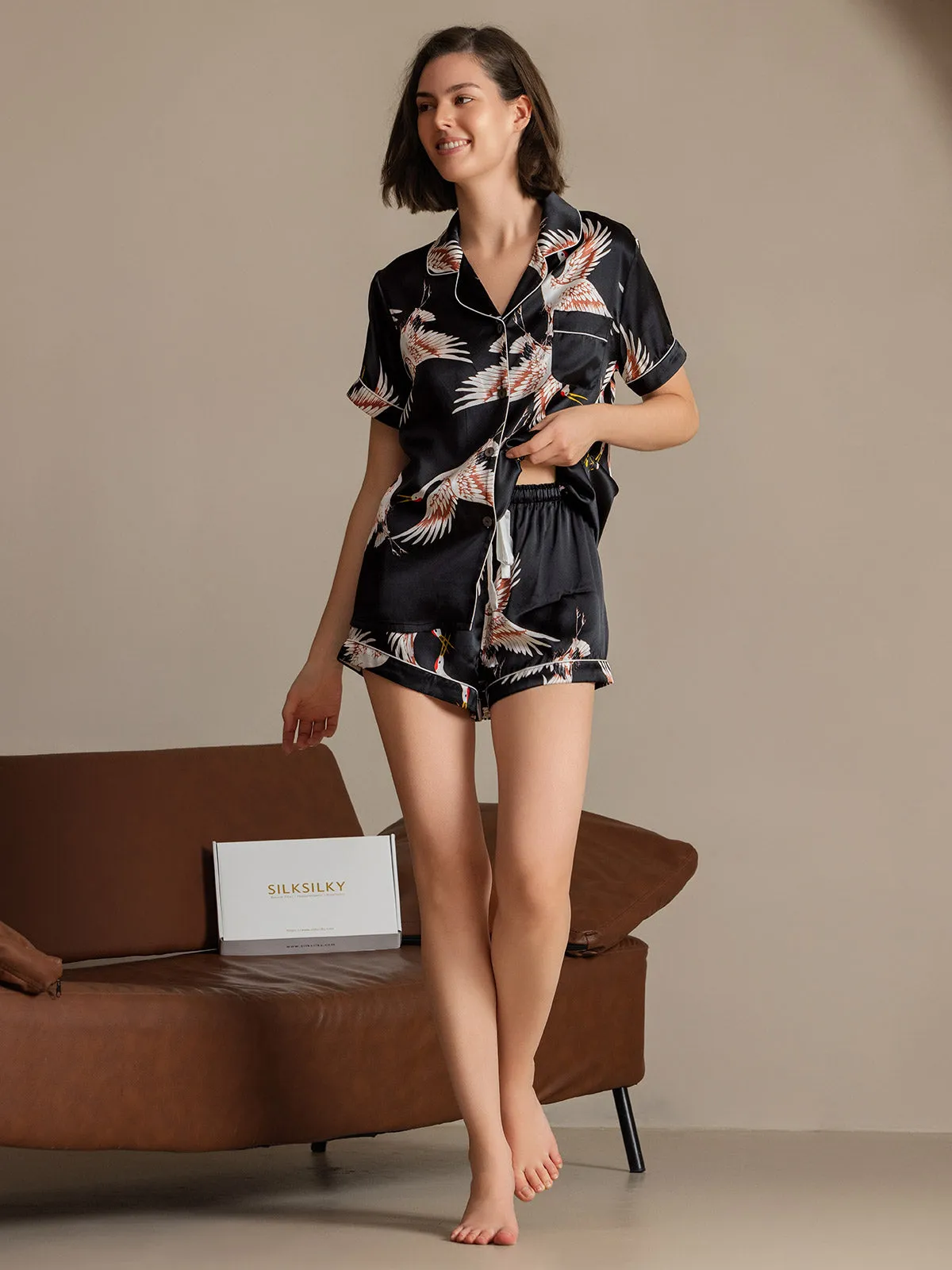 19Momme Zuiver zijden dierenprint shorts pyjamaset