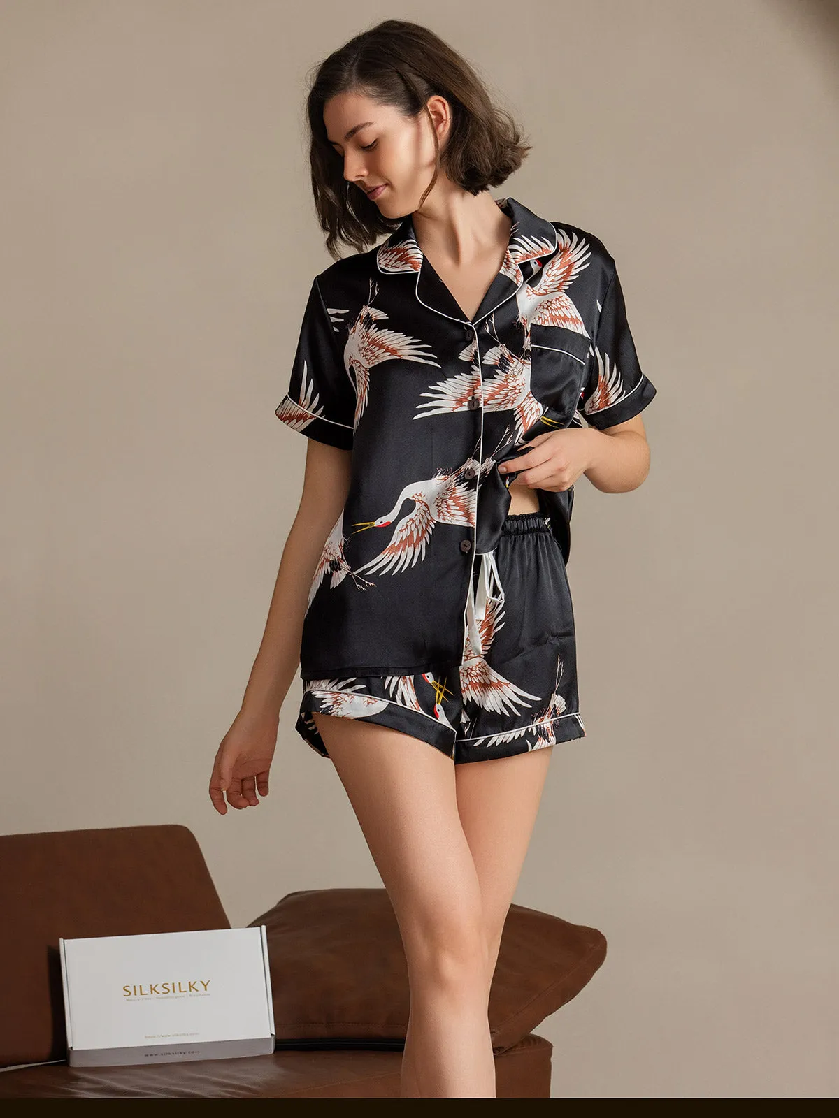 19Momme Zuiver zijden dierenprint shorts pyjamaset