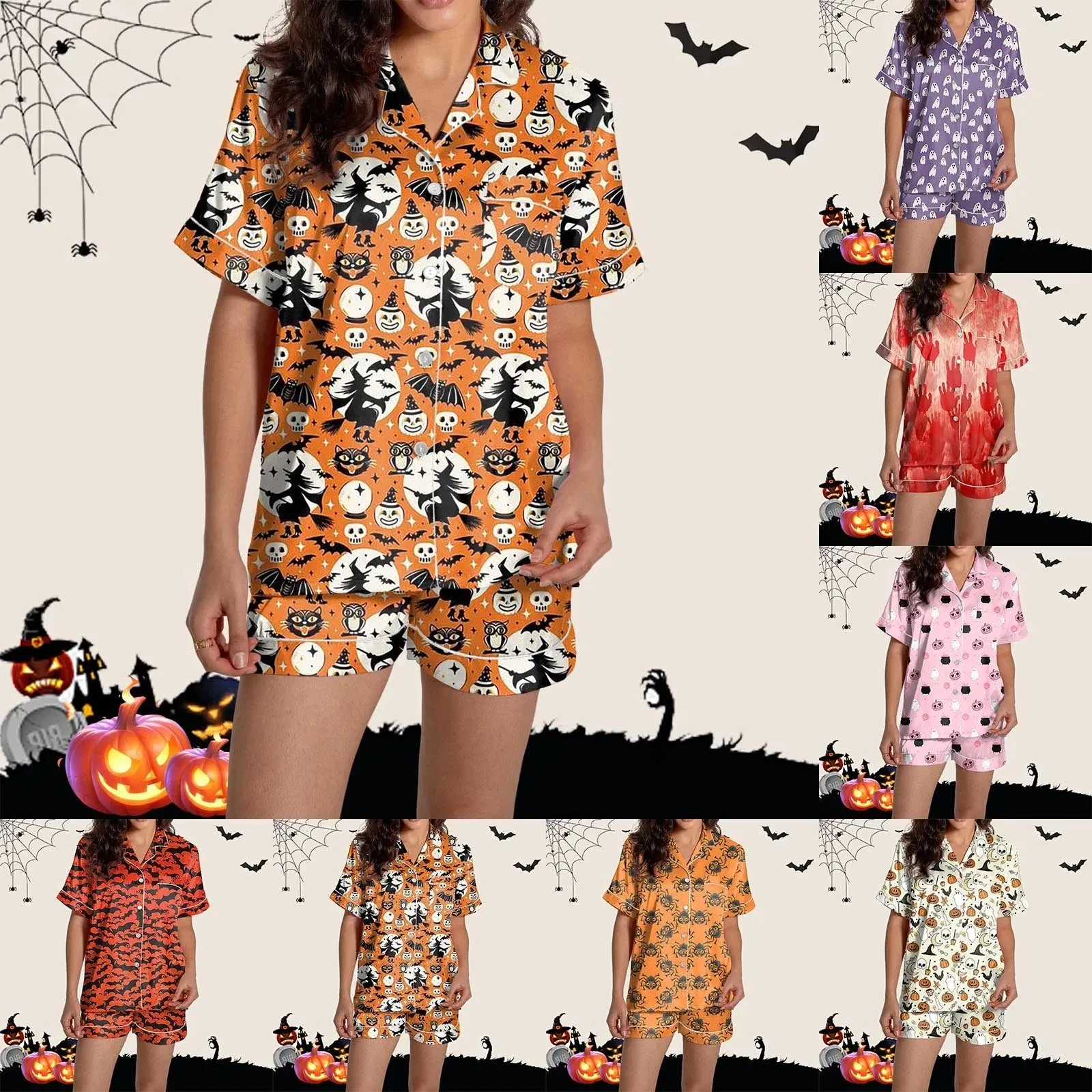 2 Piece Pajama Set Women's Halloween Nightgown Summer Satin Silk Shirt And Short Set Women 2024 Halloween Graphic Shorts Set