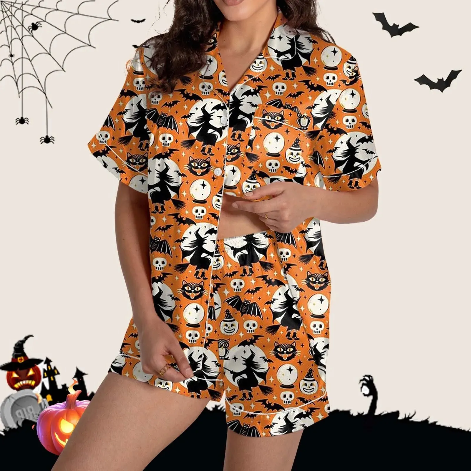 2 Piece Pajama Set Women's Halloween Nightgown Summer Satin Silk Shirt And Short Set Women 2024 Halloween Graphic Shorts Set