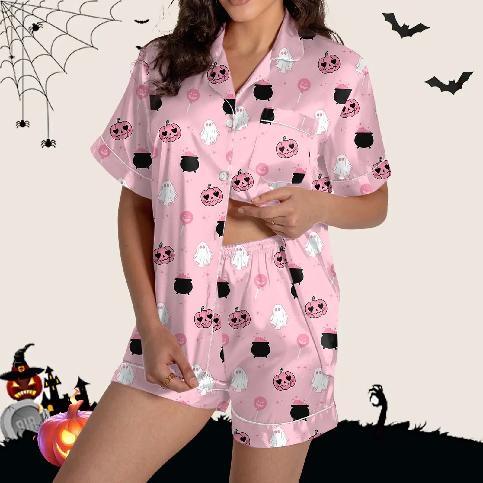 2 Piece Pajama Set Women's Halloween Nightgown Summer Satin Silk Shirt And Short Set Women 2024 Halloween Graphic Shorts Set