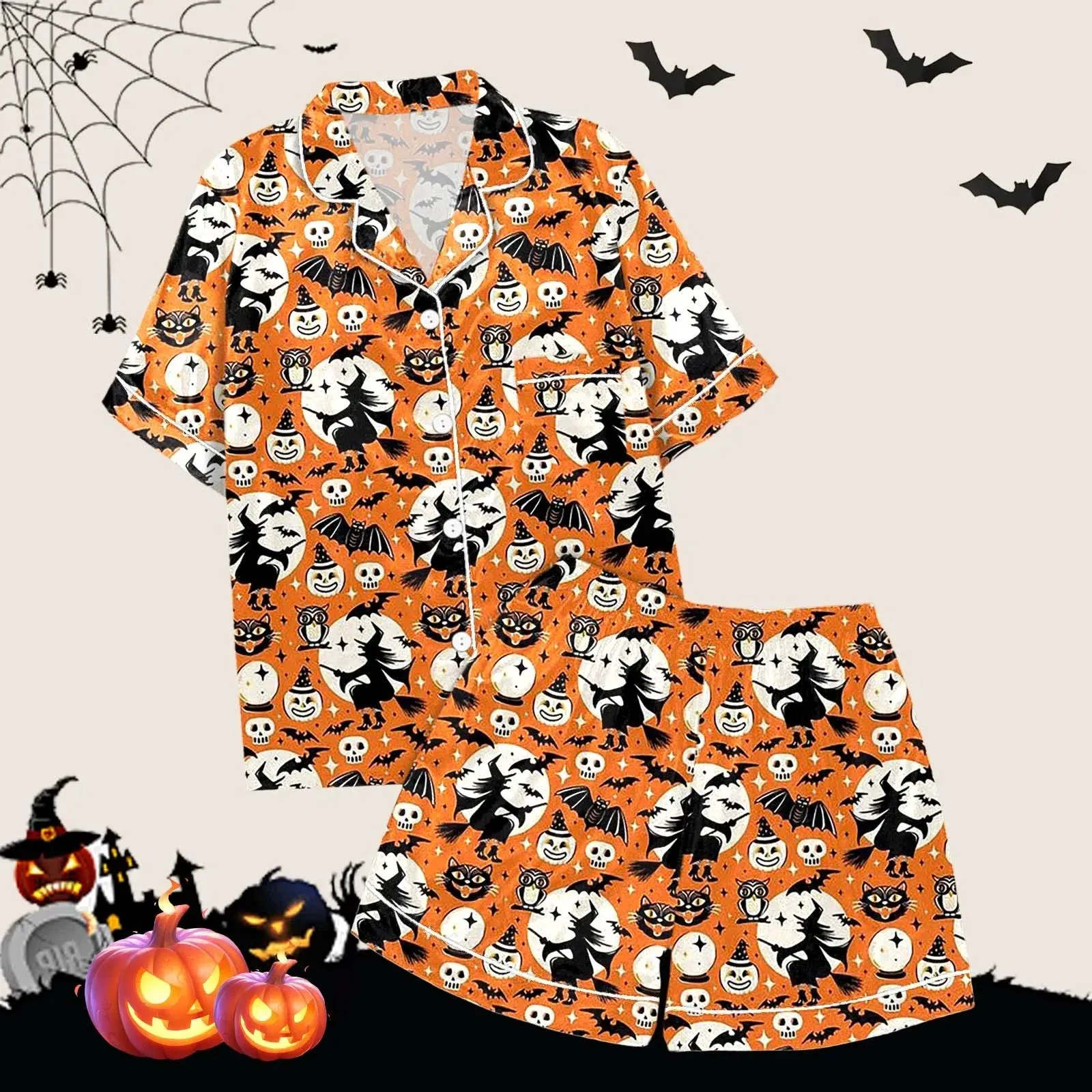 2 Piece Pajama Set Women's Halloween Nightgown Summer Satin Silk Shirt And Short Set Women 2024 Halloween Graphic Shorts Set