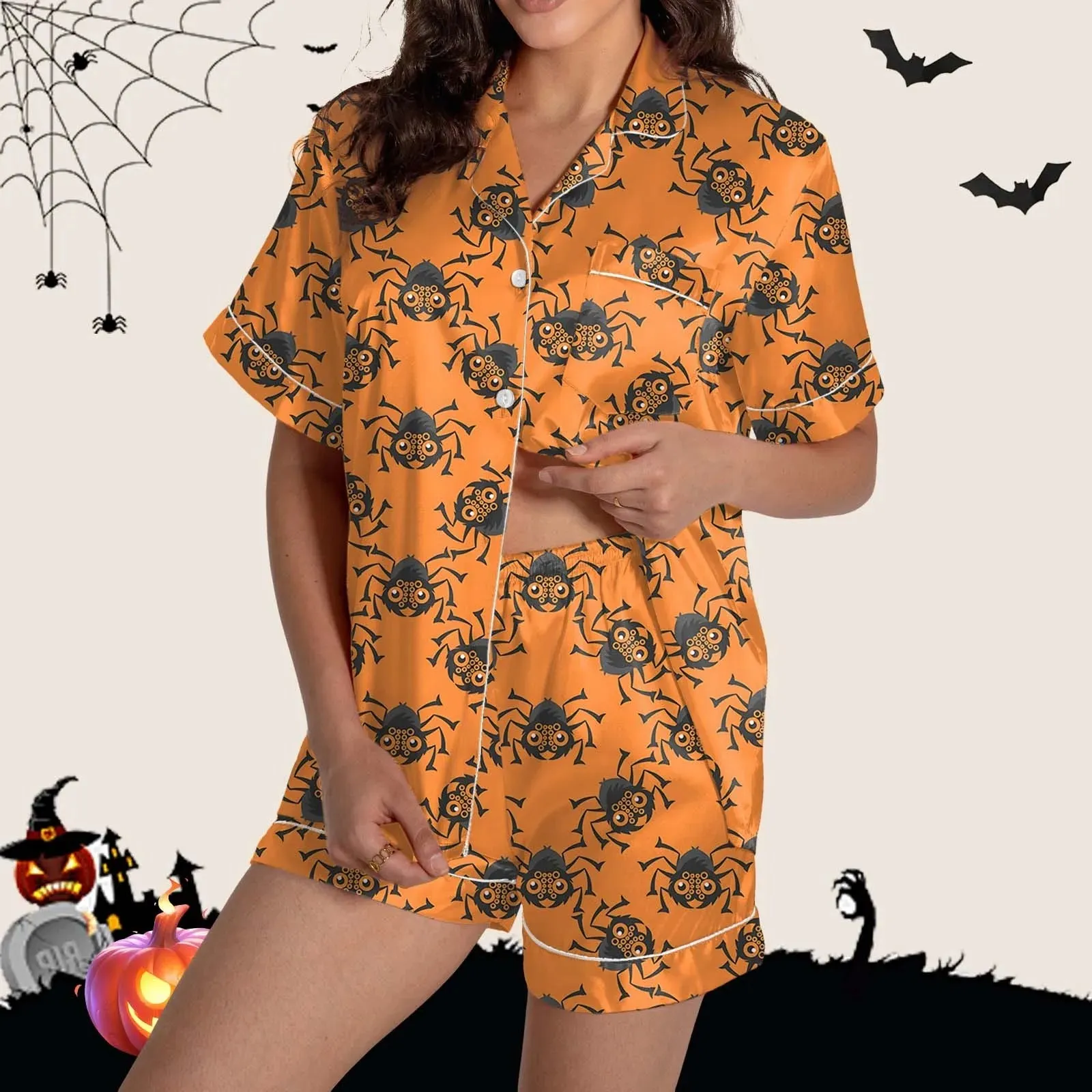 2 Piece Pajama Set Women's Halloween Nightgown Summer Satin Silk Shirt And Short Set Women 2024 Halloween Graphic Shorts Set