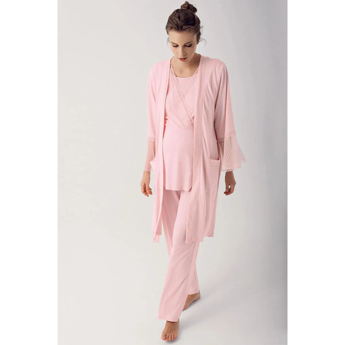 3 pcs Maternity Robe Pajamas Set- pink