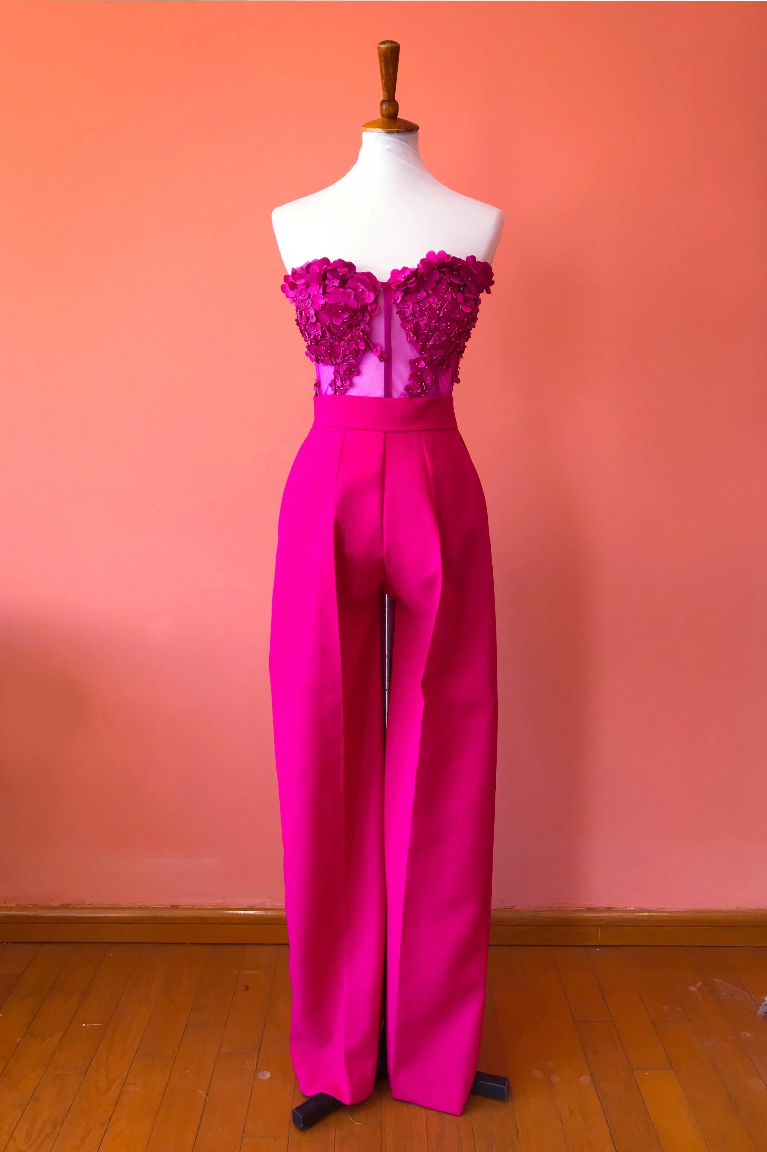 3D Flower Bustier Set and Wide Leg Pants