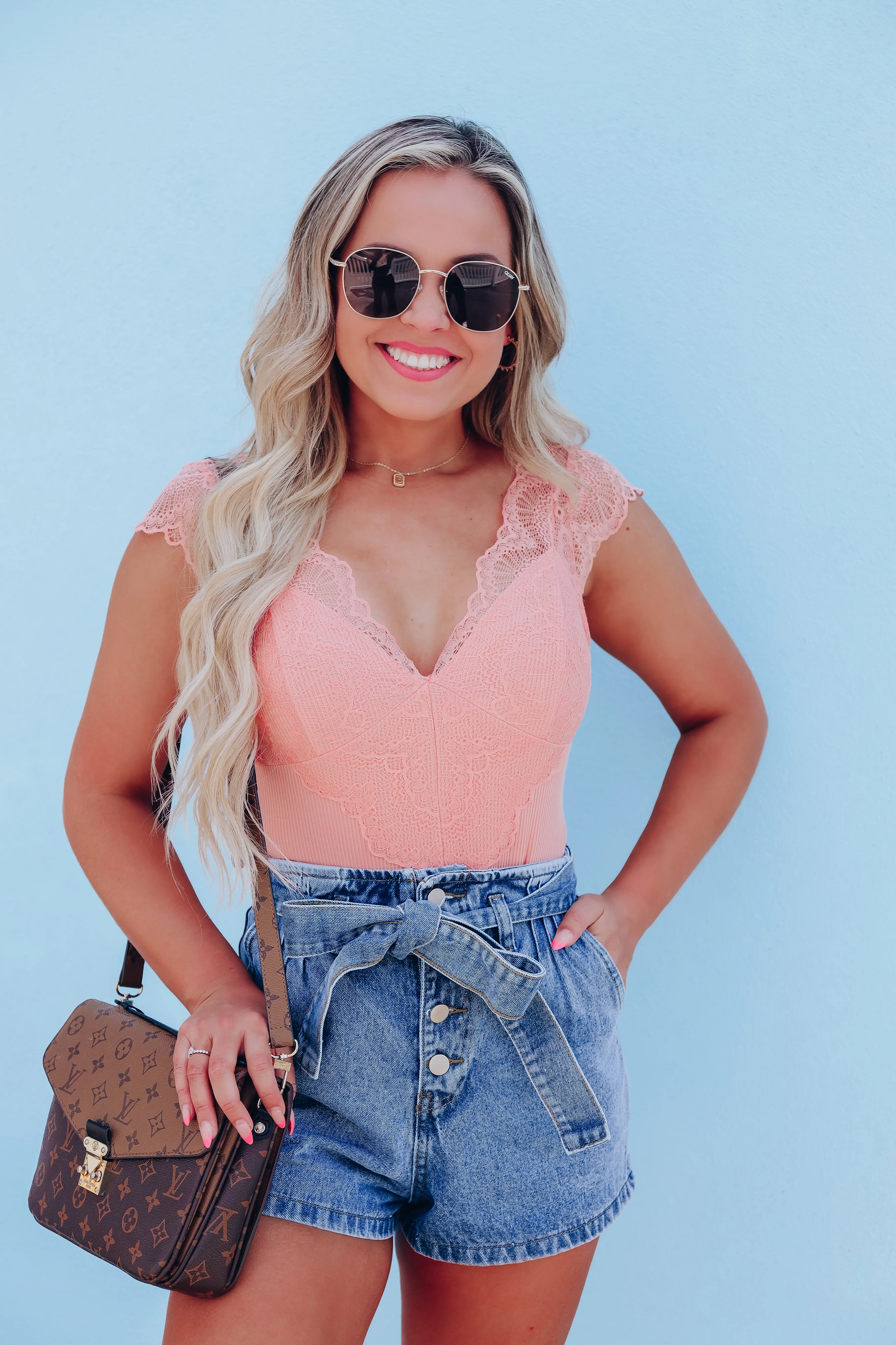 Adele Ribbed Lace Bodysuit - Peach