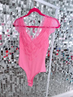 Adele Ribbed Lace Bodysuit - Pink - Final Sale