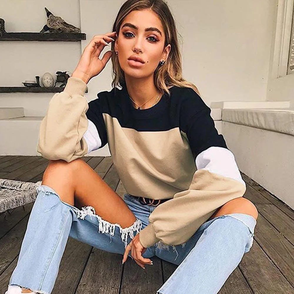 Autumn and Winter Women's New Autumn Dress Stitching Round Neck Tie Sweater