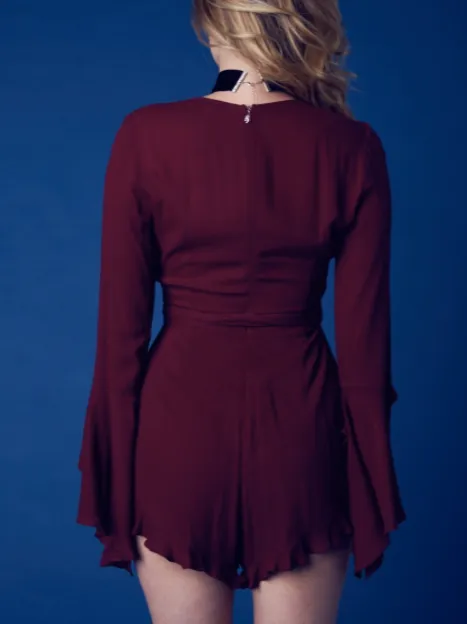 Bell Sleeve Tie Front Midriff Cut Out Romper