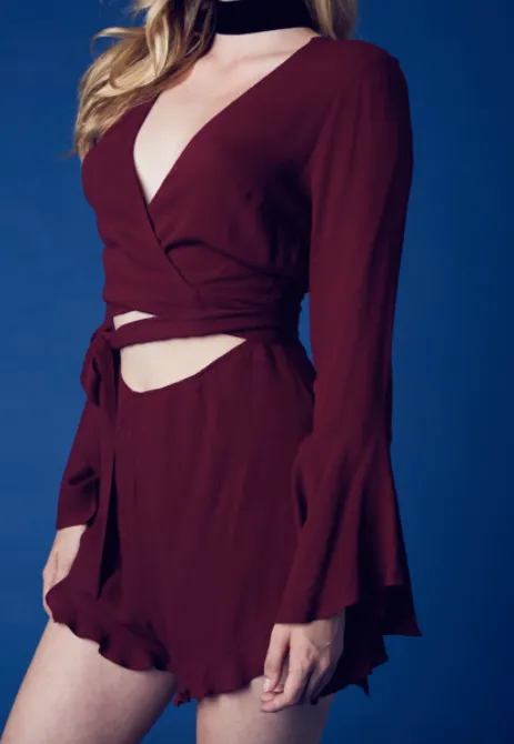 Bell Sleeve Tie Front Midriff Cut Out Romper