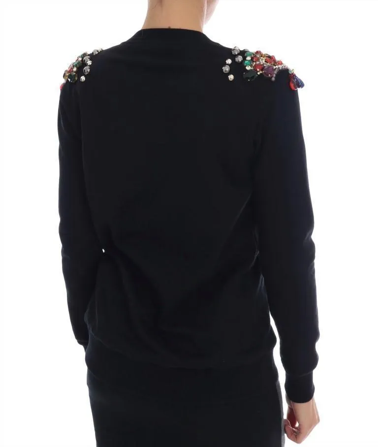 Black Cotton Crystal Crewneck Sweater