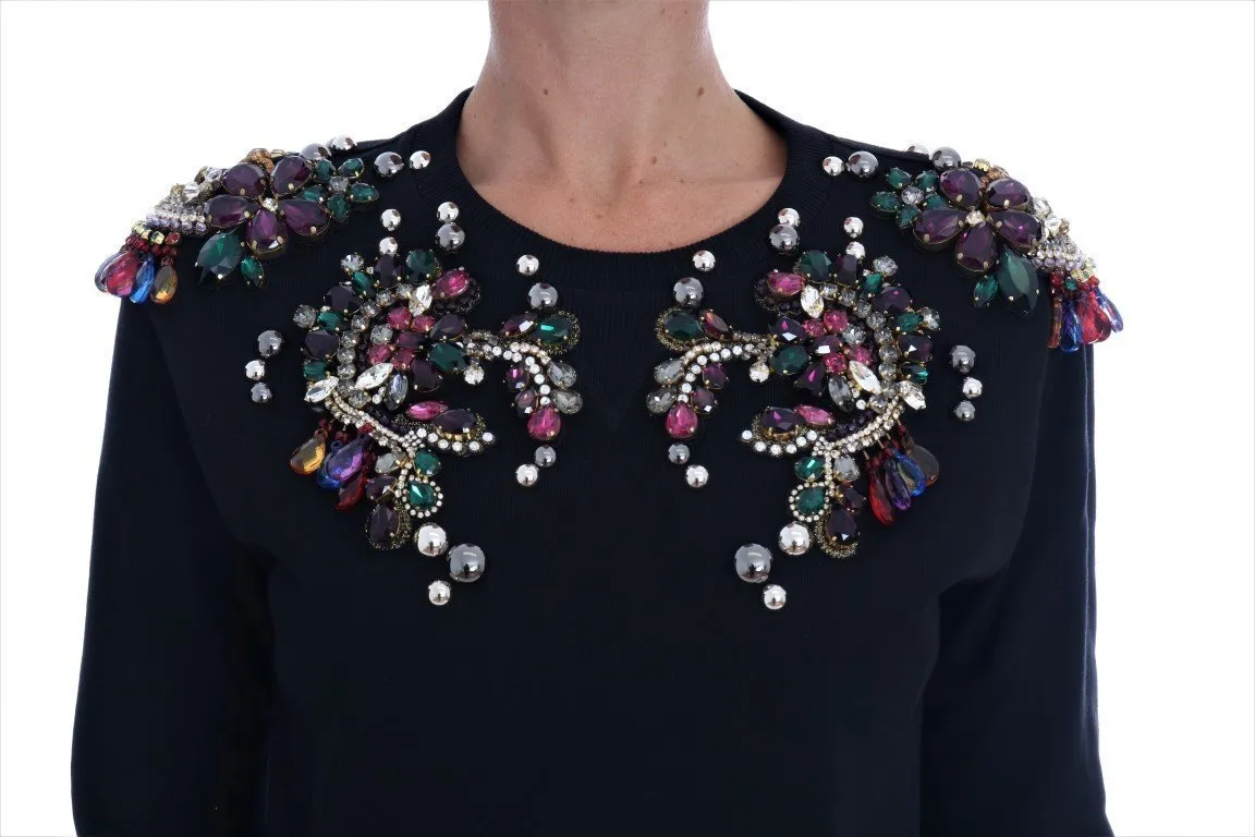 Black Cotton Crystal Crewneck Sweater