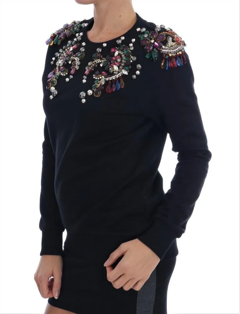 Black Cotton Crystal Crewneck Sweater
