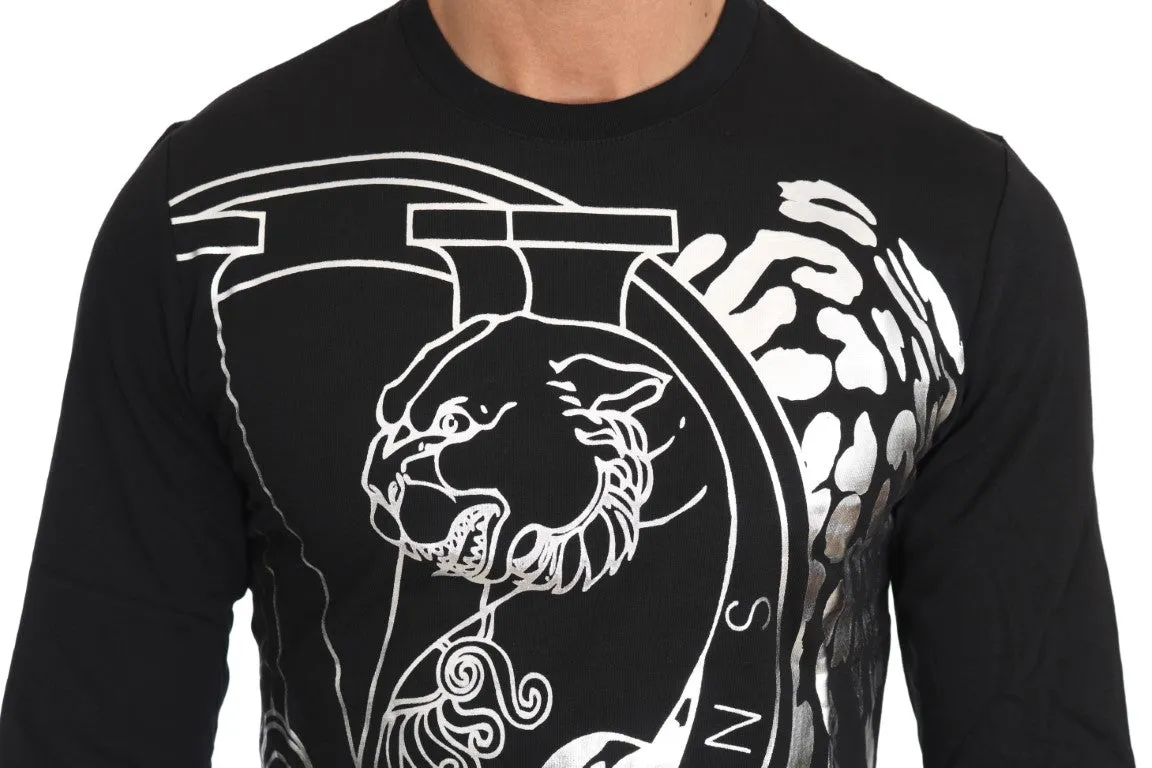 Black Cotton Silver Tiger Crewneck Pullover
