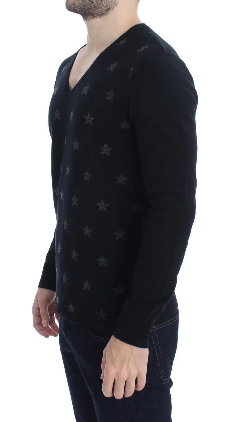 Black Gray Star Print V-neck Sweater