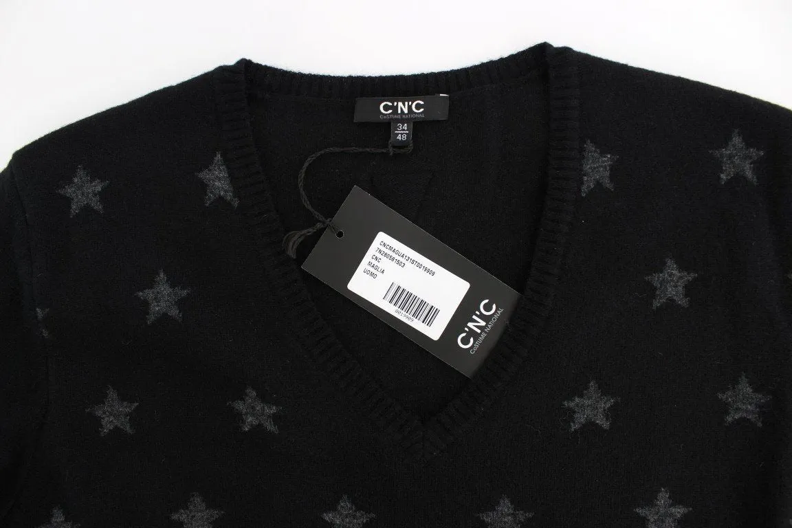 Black Gray Star Print V-neck Sweater