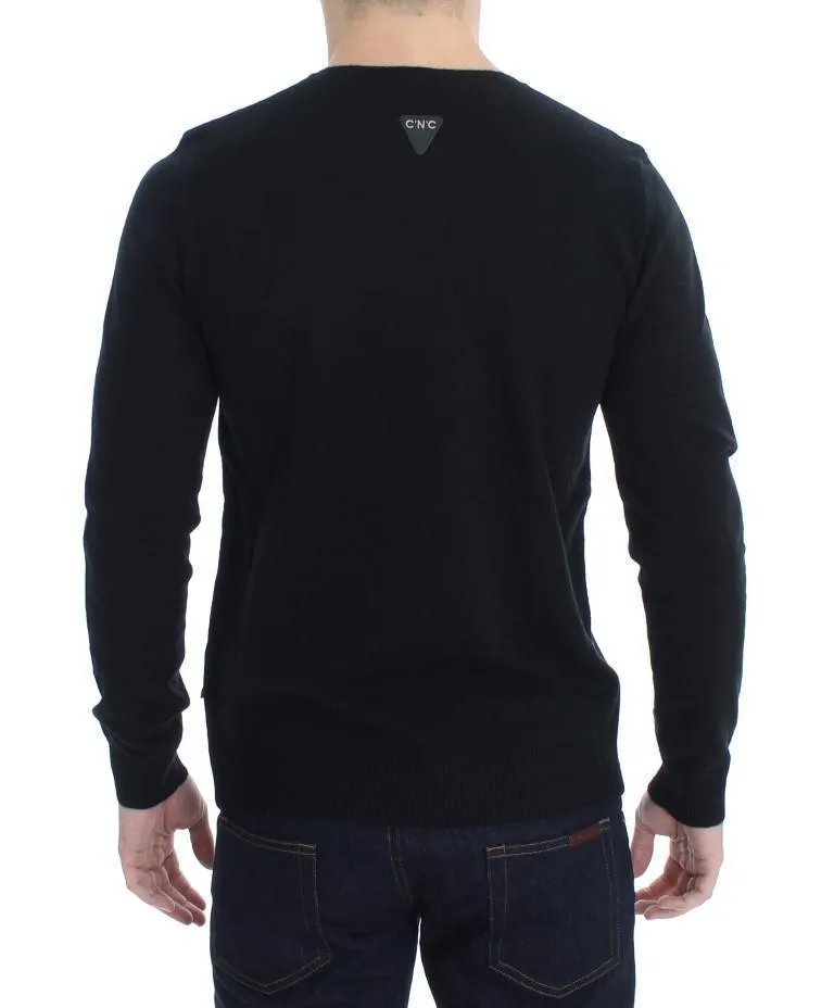 Black Gray Star Print V-neck Sweater