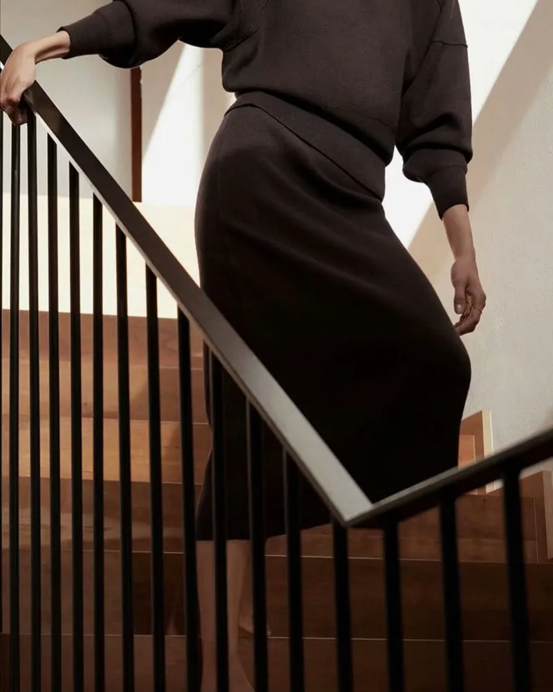 Black Splicing Oversize Sweatshirts Bodycon Skirt Midi Dresses Two Pieces