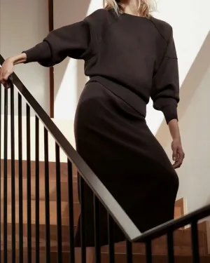 Black Splicing Oversize Sweatshirts Bodycon Skirt Midi Dresses Two Pieces