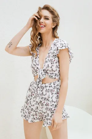 Blackless Floral Print Bow Romper with Ruffle