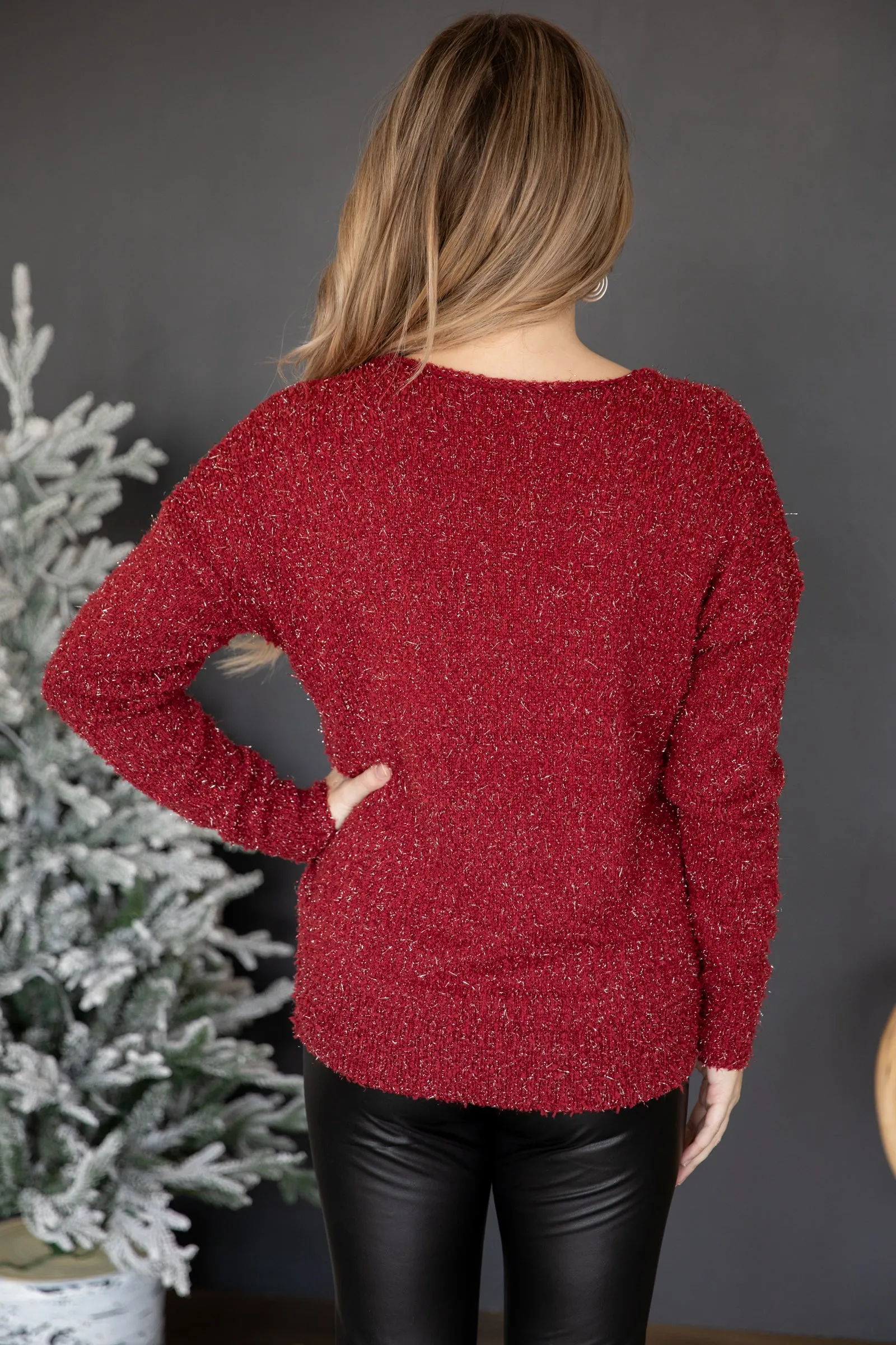 Burgundy V-Neck Popcorn Textured Sweater