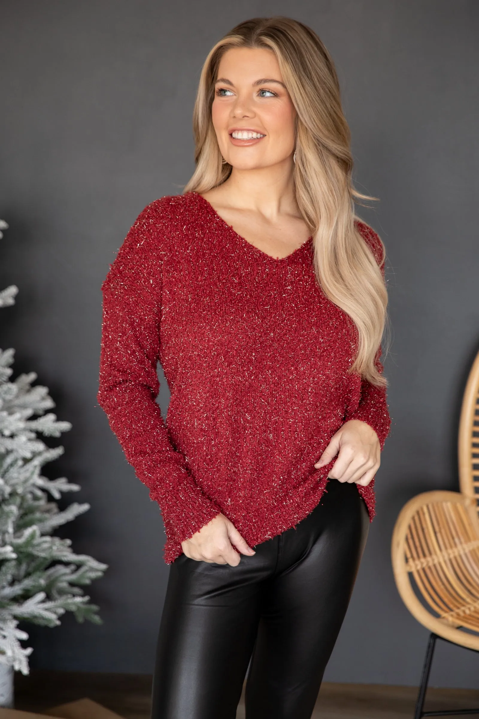 Burgundy V-Neck Popcorn Textured Sweater