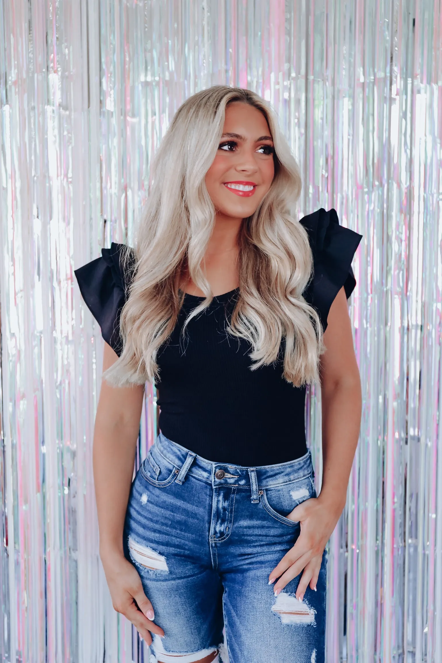 Calera Ruffle Cap Sleeve Bodysuit - Black