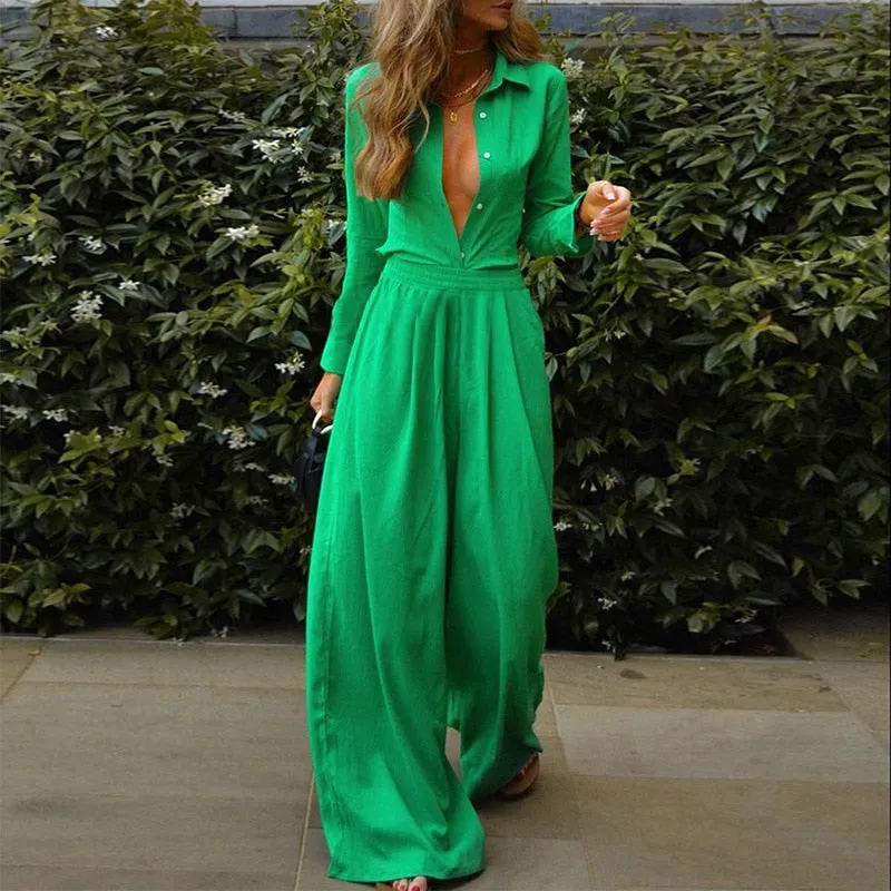 Casual Lonf Sleeve Top and Loose Wide Legs Trouser Set