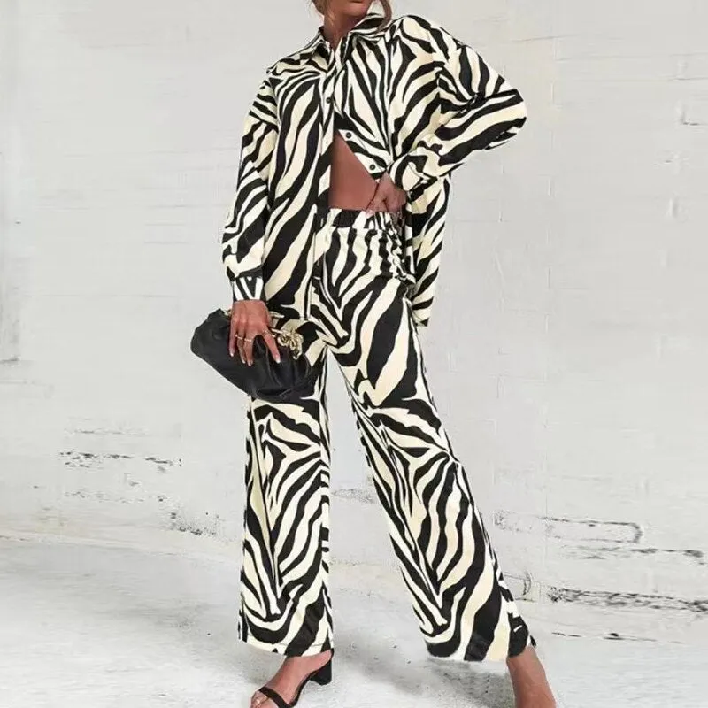 Casual Lonf Sleeve Top and Loose Wide Legs Trouser Set