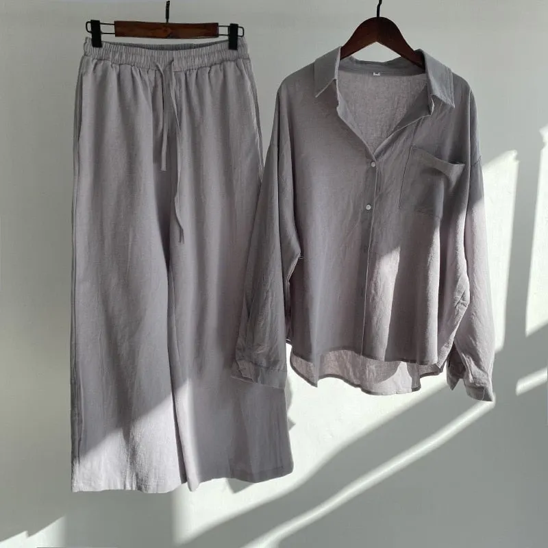 Casual Lonf Sleeve Top and Loose Wide Legs Trouser Set