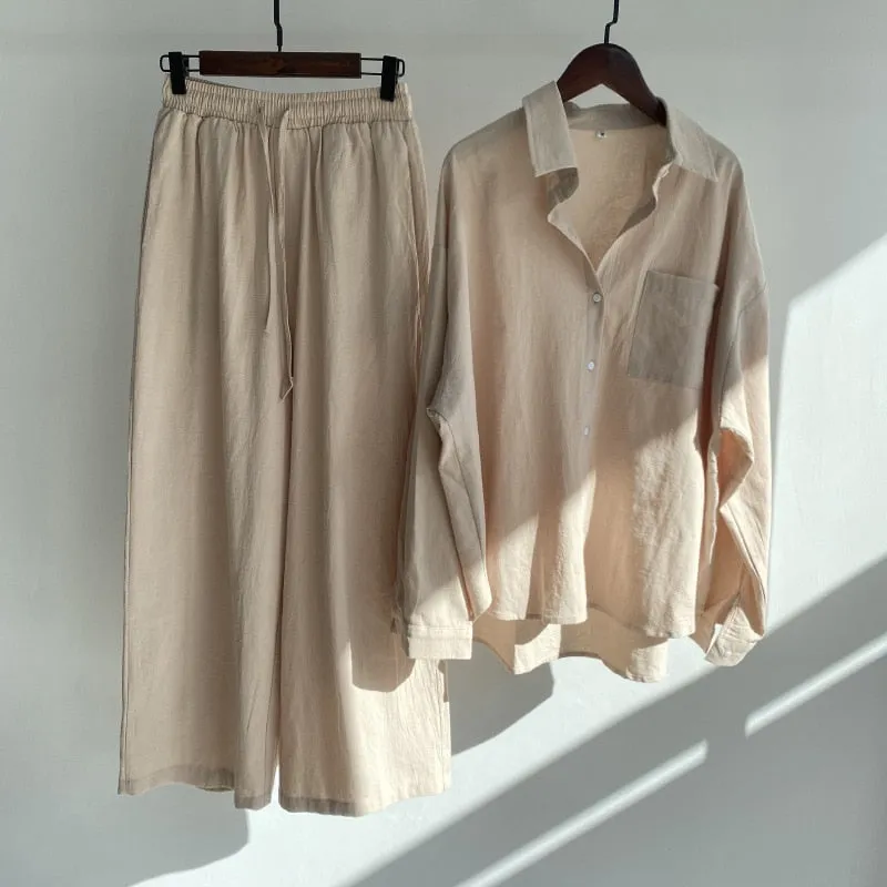 Casual Lonf Sleeve Top and Loose Wide Legs Trouser Set
