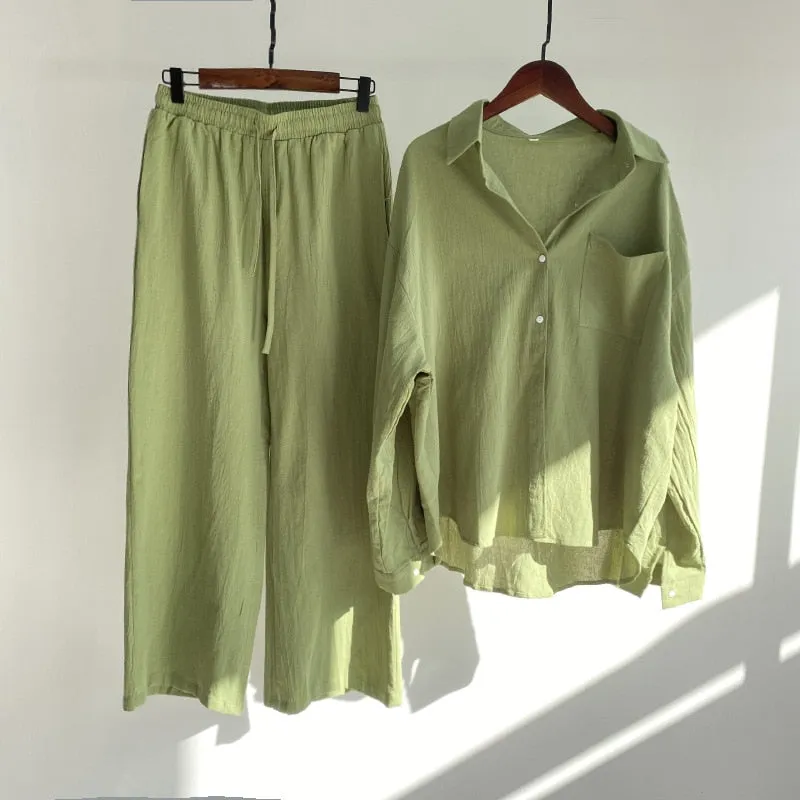 Casual Lonf Sleeve Top and Loose Wide Legs Trouser Set