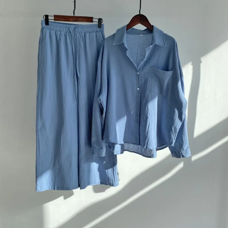 Casual Lonf Sleeve Top and Loose Wide Legs Trouser Set