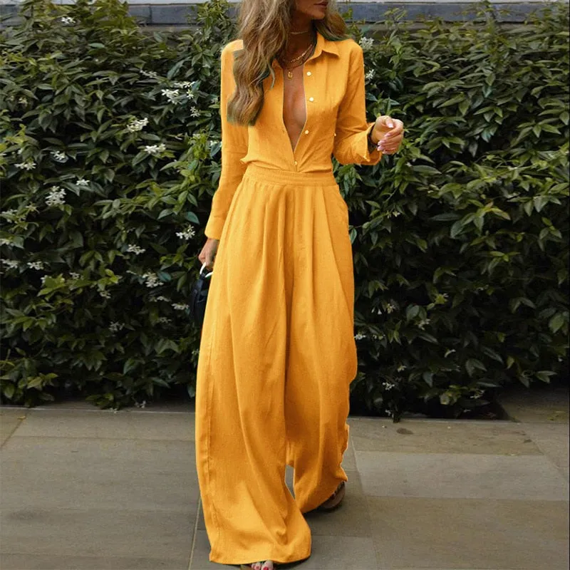Casual Lonf Sleeve Top and Loose Wide Legs Trouser Set