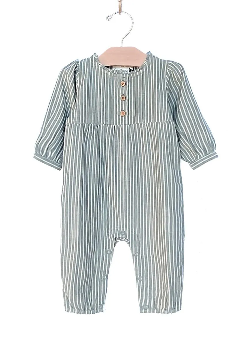 City Mouse Cotton Frill Neck Romper - Granite Stripe
